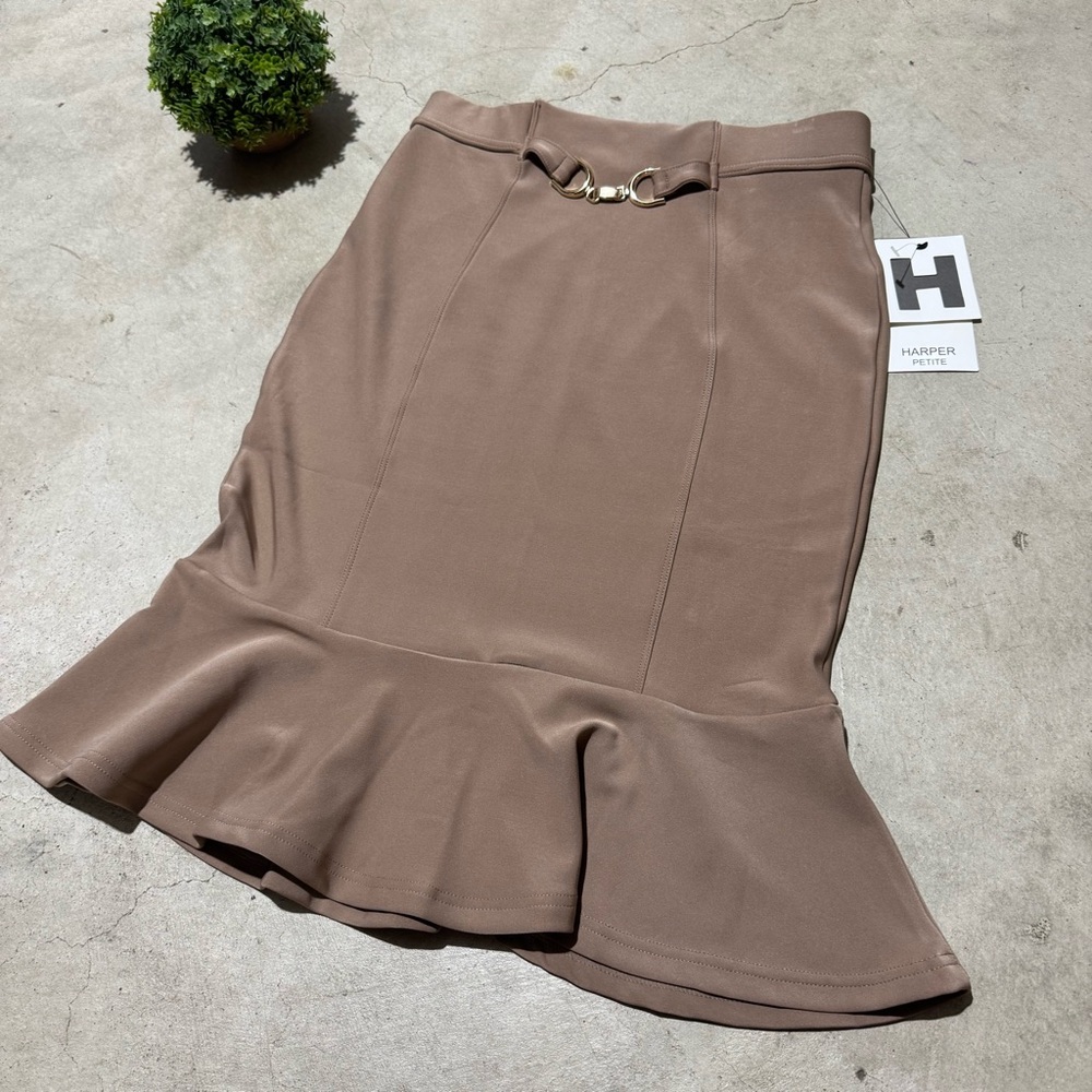 NWT Peplum Pencil Skirt Size L Tan Brown Gold Equestrian Modest Fall Old Money